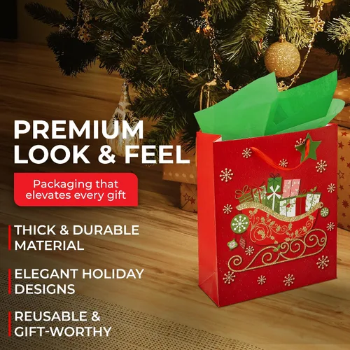 Miniatura 6 de Bolsas de regalo de Navidad – medianas 13 x 10 x 4 pulgadas (paquete de 4) – Bolsas de regalo de papel resistentes con papel de seda, etiqueta y asa