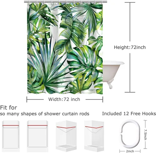 Miniatura 4 de LIVILAN Juego de cortinas de ducha con hojas de plantas tropicales, diseño botánico de selva con 12 ganchos para decoración de baño, 72 x 72 pulgadas