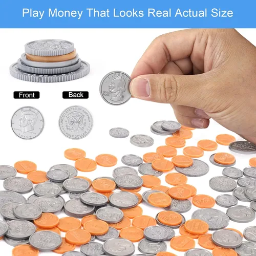 Miniatura 3 de Juego de monedas de dinero para niños, 250 monedas de dinero falsas detalladas con frasco, juego de monedas de dinero falsas de enseñanza realista