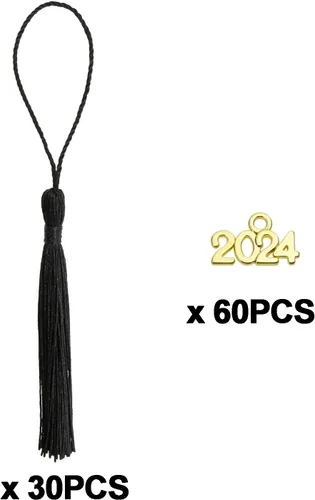 Miniatura 3 de Tupalizy 30 mini borlas sedosas hechas a mano con 60 dijes del año 2024 para graduación, llavero, aretes, joyería, regalos de boda, recuerdos