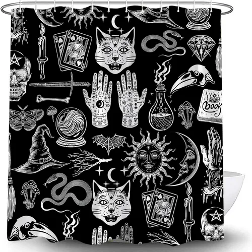 Cortina de ducha de bruja de Halloween, color negro, espeluznante, alquimia gótica, psíquica, espeluznante, calavera, esqueleto, tablero de Ouija,