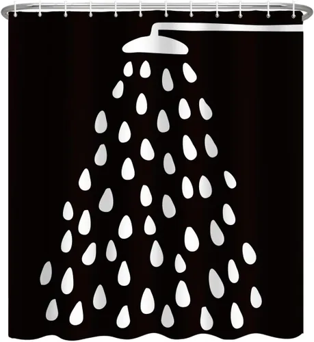 Miniatura 9 de Cortina de ducha en blanco y negro, divertido cabezal de ducha y gotas de agua, cortinas de ducha para baño, lavable a máquina, cortina de tela