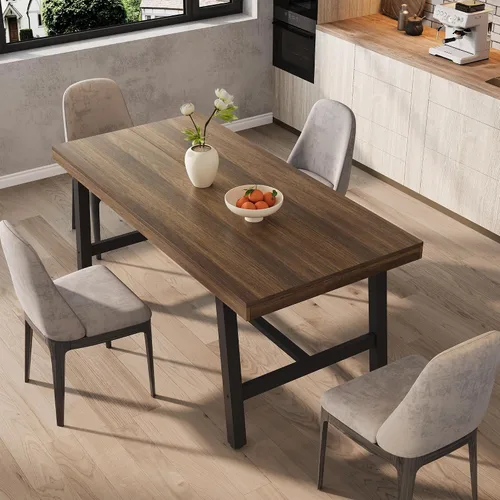 Miniatura 3 de GarveeHome Mesa de comedor industrial para 4-6 personas, mesa de cocina de madera de 63 pulgadas de largo con marco de metal resistente y acabado