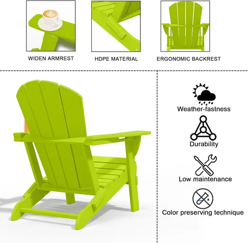 Miniatura 5 de Silla plegable Adirondack con portavasos, juego de 2, sillas de plástico HDPE para exteriores, resistentes a la intemperie, aspecto de madera real