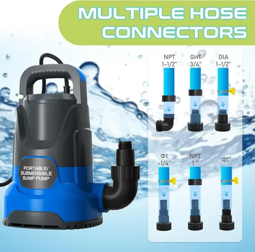 Miniatura 5 de Bomba de sumidero 1.1HP Bomba de agua sumergible 4700GPH Bomba de agua de transferencia portátil eléctrica para piscina Drenaje sótano Azul