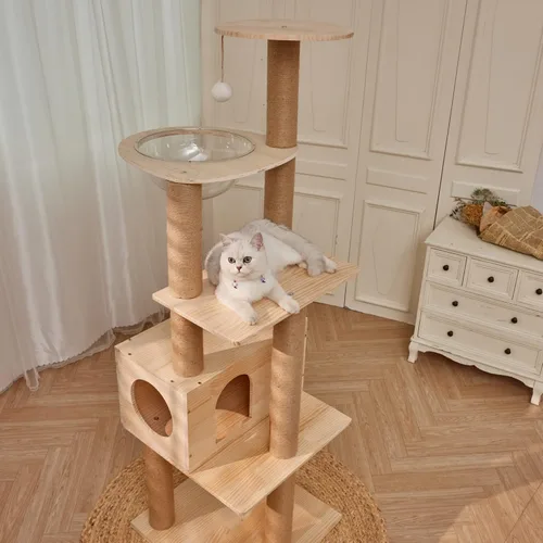 Miniatura 2 de Torre para gatos de madera maciza real de 61 pulgadas de alto con cama para gatos con cápsula espacial, cama superior con bola de juguete, postes