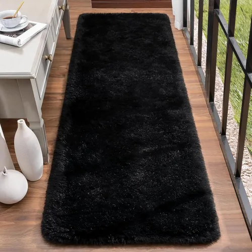 Miniatura 8 de HOMORE Alfombra de pasillo negra de 2 x 6 pies para dormitorio, alfombras esponjosas para pasillo y sala de estar, alfombras antideslizantes