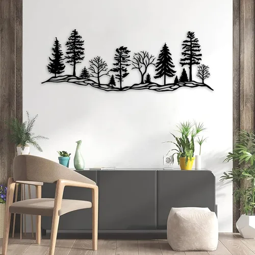 Arte de pared de bosque de metal, decoración de pared de bosque, decoración de pared de metal de montaña y bosque, decoración de árbol de metal,