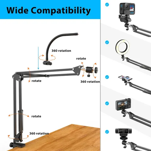 Miniatura 12 de Soporte de cámara superior con anillo de luz, brazo flexible articulado para teléfono compatible con iPhone, webcam Logitech, trípode de escritorio