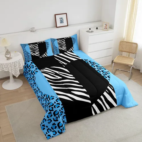 Miniatura 3 de Manfei Juego de edredón de leopardo azul, tamaño individual, juego de ropa de cama con estampado de corazón romántico de 2 piezas para niños y Multi