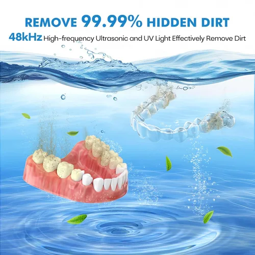 Miniatura 2 de Máquina limpiadora ultrasónica mejorada de retenedores, limpiador ultrasónico de dentaduras postizas de 48 kHz para protectores bucales, aparatos