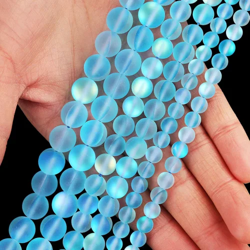 Miniatura 4 de Cuentas de cristal Aurora aguamarina mate, cuentas sueltas redondas de sirena brillante con purpurina esmerilada de 0.236 pulgadas, piedra lunar