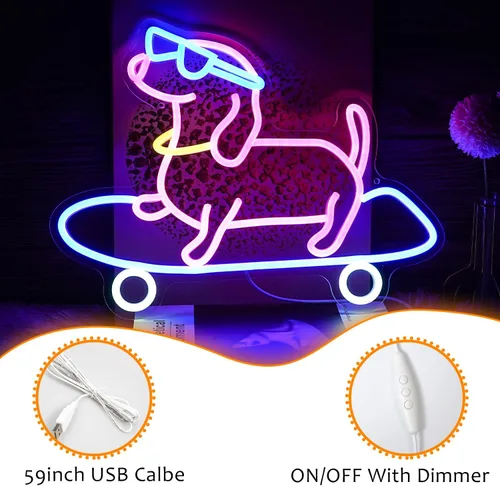 Miniatura 2 de Letrero de neón para perro monopatín regulable divertido Dachshund Skateboarding LED luz de neón decoración de pared para dormitorio, bar, sala