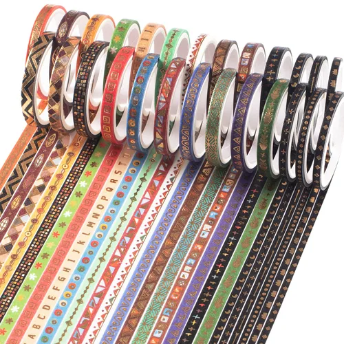 YUBBAEX Juego de 26 rollos de cinta washi india, 0.197 in de ancho, tótem folclórico dorado fino decorativo para diario, álbum de recortes, agenda,