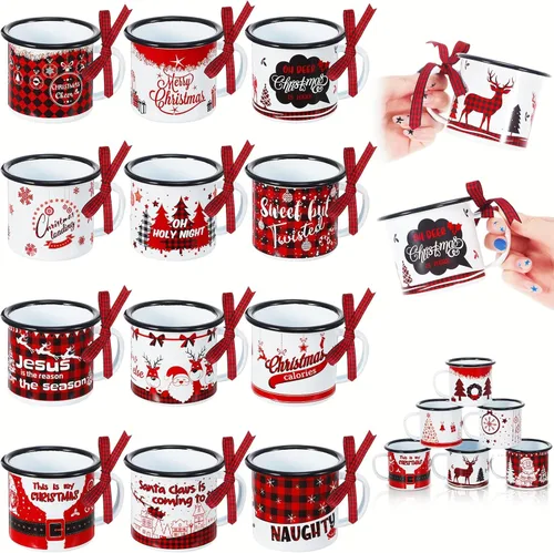 Miniatura 7 de Sliner 12 mini tazas de café de Navidad a granel con cinta a cuadros de 8.5 onzas, taza de metal esmaltado de Navidad con borde negro para el hogar
