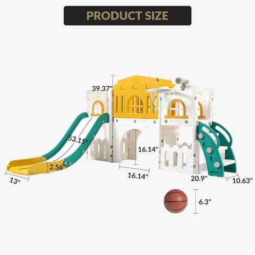 Miniatura 8 de Juego de tobogán infantil 8 en 1, juego de tobogán y escalador con pasillo, aro de baloncesto, telescopio, patio de juegos para interiores