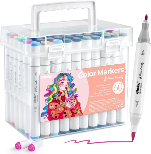 Marcadores Ohuhu Amigables con el Papel Sin Descascararse Base de Agua 60 Colores Doble Pincel Puntas Finas Marcadores para Colorear para Libros de