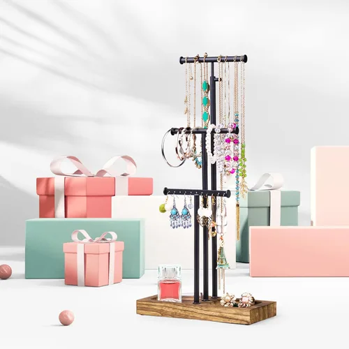 Miniatura 6 de Love-KANKEI Soporte organizador de joyas con base de metal y madera y almacenamiento grande para collares, pulseras, aretes, organizador negro