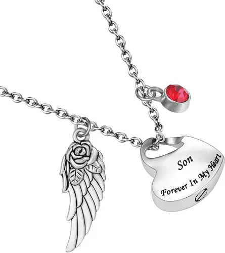 Miniatura 2 de Collar de urna de cremación de doble corazón viene con ala de ángel y 12 piedras natales para cenizas, colgante conmemorativo, Forever in My Heart