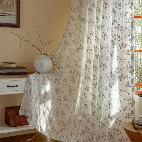 Miniatura 11 de BHUSB Cortinas rústicas para sala de estar de 63 pulgadas de largo, cortinas de ventana de lino y algodón con estampado floral bohemio, cortinas