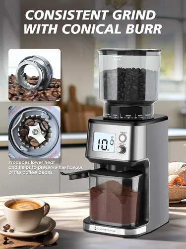 Miniatura 3 de Homtone Molinillo de café expreso con rebabas cónicas – Molinillo de frijoles eléctrico continuo de 2.008 in con ajustes de molienda, temporizador