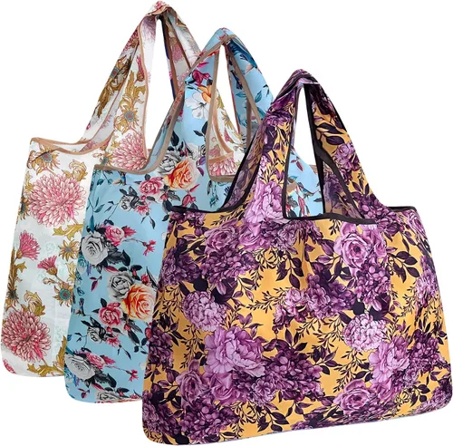 Miniatura 17 de alldyrew - Bolsa plegable para compras, reutilizable de nailon grande, 3 unidades Deliciosos alimentos