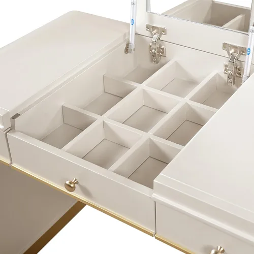 Miniatura 9 de RuiSiSi Escritorio de maquillaje de madera con espejo abatible, tocador con 2 cajones y espacio de almacenamiento, tocador de maquillaje 3 en 1