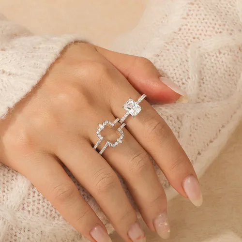 Miniatura 7 de Jeulia Juego de 2 anillos de compromiso vintage de plata de ley con halo irregular radiante para mujer, con caja de regalo