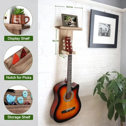 Miniatura 4 de Keebofly 2 unidades de colgador de pared para guitarra con estante de madera y soporte para púa para guitarra acústica, eléctrica, ukelele, bajo