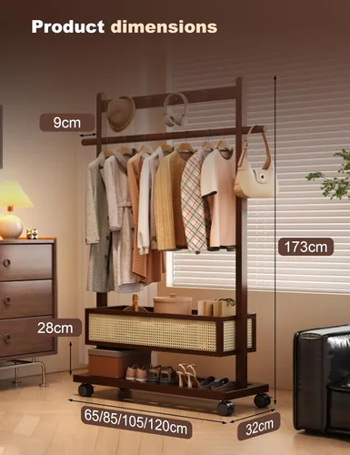 Miniatura 3 de Perchero con estantes, resistente con cesta de almacenamiento, estantes de ropa rodantes de bambú para espacios pequeños, dormitorio, entrada
