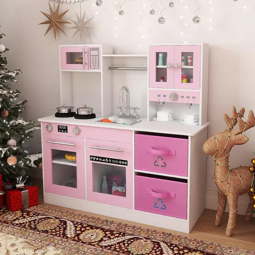 Miniatura 8 de INFANS Juego de cocina para niños, cocina de madera con luces realistas, sonidos, cafetera, lavavajillas, microondas, horno, cajones de tela Rosa