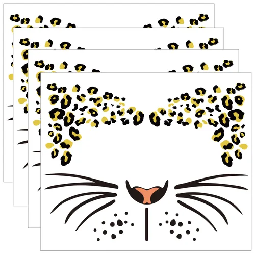 Tatuajes faciales temporales de leopardo falso, diseño de guepardo, tatuaje de cara completa, tatuaje de cara de leopardo y frint, 4 hojas