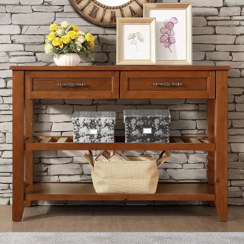 Miniatura 10 de RUNNA Mesa de sofá consola con 2 cajones de almacenamiento y estantes de 2 niveles, aparador de madera maciza para sala de estar, muebles, cocina
