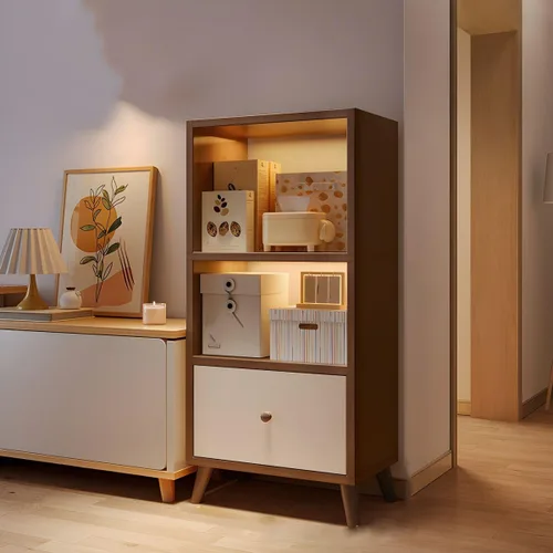 Miniatura 9 de Estantería moderna con cajones y armario de almacenamiento de madera con parte trasera cerrada, estantería independiente para oficina en casa, sin