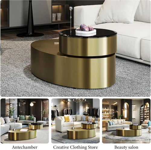 Miniatura 9 de Mesa auxiliar giratoria ovalada dorada, mesa central de lujo moderna de 2 niveles con parte superior redonda giratoria de 360°, mesa de té con base