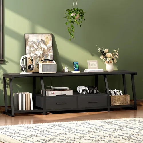 Miniatura 7 de RALGEND Soporte de TV LED para TV de 80 pulgadas, centro de entretenimiento con estantes abiertos y tomas de corriente, mesa consola de TV