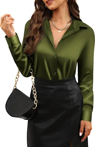 Miniatura 26 de CUNLIN Camisas de satén de seda suave con botones de leopardo para mujer, camisa de trabajo de manga larga de seda, blusas de vestir, tops