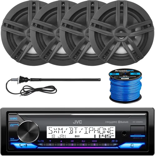 JVC Receptor estéreo marino Bluetooth USB/AUX de un solo DIN, 4 altavoces negros de barco de 6.5 pulgadas y 180 vatios, antena de radio negra de