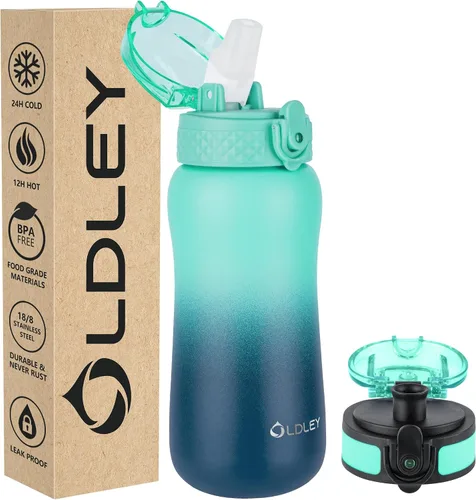 Miniatura 31 de Botella de agua aislada Oldley de 12 oz con pajita, botella de agua de acero inoxidable con 2 tapas, botellas de doble pared con vacío para adultos