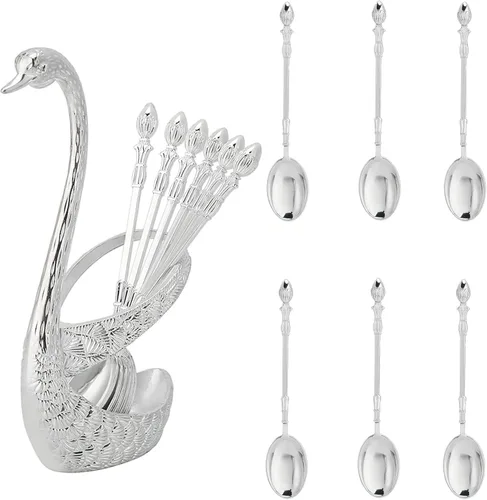Miniatura 9 de Juego de cucharas de postre de café, soporte de base de cisne, organizador de cuchara con 6 cucharas para café, frutas, postres, mezcla, azúcar