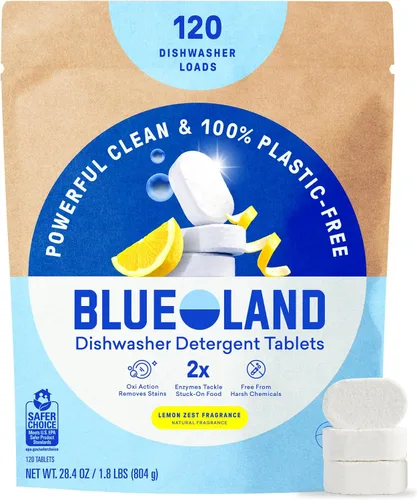 Miniatura 13 de BLUELAND - Tabletas de detergente para lavavajillas 100% libres de plástico, 60 unidades, libres y transparentes, ecológicas, cortan la grasa y se
