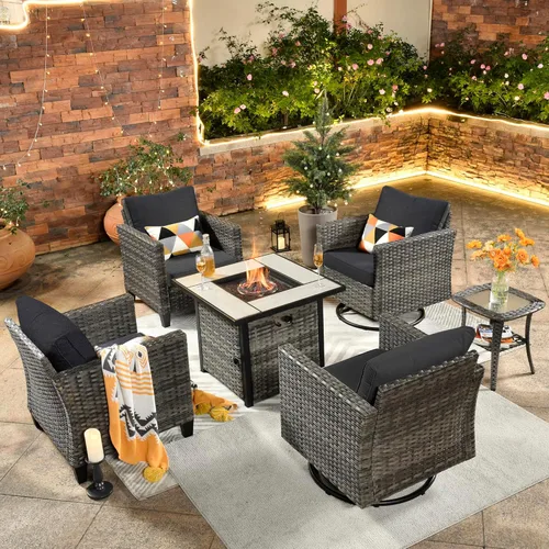 Miniatura 51 de ovios Juego de muebles de patio de 6 piezas, sillas giratorias de mimbre para exteriores con mesa para fogatas de 30 pulgadas, juego de mecedoras