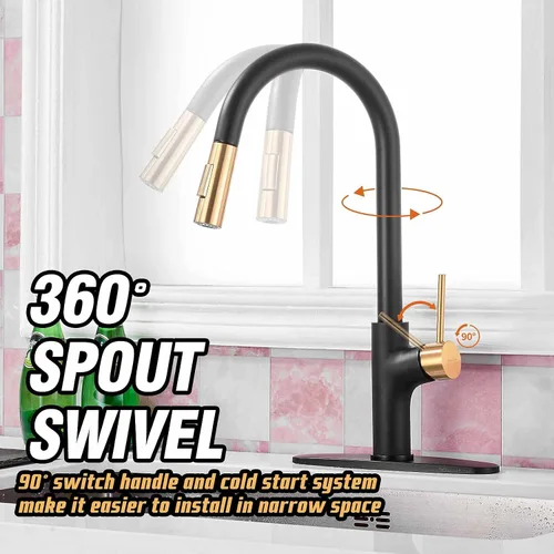 Miniatura 2 de Achelous Grifo de cocina negro y dorado con rociador magnético extraíble, grifos de fregadero de cocina de acero inoxidable extraíbles rv, de una