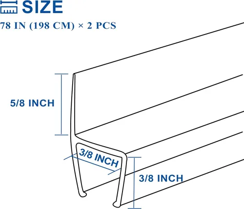 Miniatura 4 de Tira de sellado para puerta de ducha sin marco, paquete de 2 unidades x 78 pulgadas de alto para puerta de ducha de vidrio de 3/8 pulgadas de Tipo H