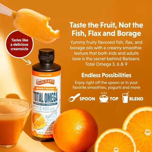 Miniatura 4 de Barlean's Total Omega 3 6 9 Orange Crème Suplemento de aceite de pescado líquido con borraja y aceite de linaza, 2,400 mg de Omegas EPA y DHA Plus
