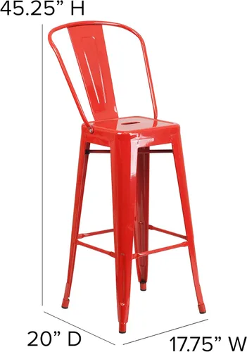Miniatura 2 de EMMA + OLIVER Paquete de 4 taburetes de bar de metal rojo de 30 pulgadas de alto para interiores y exteriores con respaldo, muebles de cocina