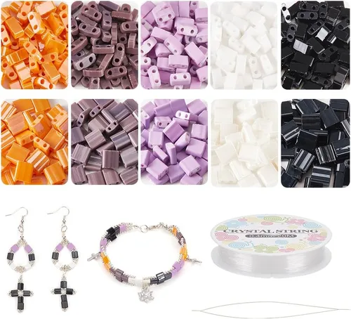 NBEADS Kit de 500 piezas de cuentas para hacer pulseras de Halloween, incluye cuentas rectangulares de vidrio con dos agujeros, agujas grandes para