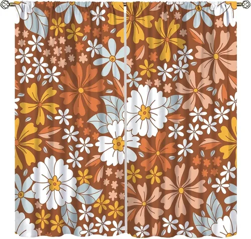 Cortinas florales hippie, cortinas retro de los años 70, color naranja y rosa, estilo bohemio, diseño de margaritas, estéticas, opacas, para sala de