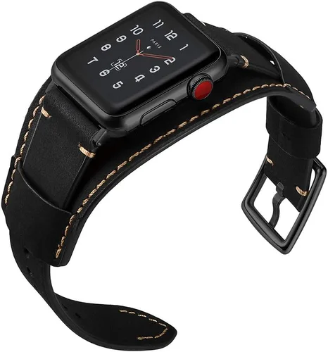 Miniatura 4 de Correa compatible con Apple Watch de 49/46/45/44mm/42mm (Series 3 2 1), pulsera de cuero genuino Crazy Horse compatible con iWatch Ultra/Ultra2 Negro