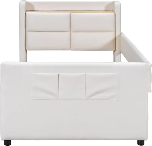 Miniatura 8 de Cama de plataforma tapizada de tamaño individual con barandilla, cabecera de almacenamiento y estribo, para niños, adolescentes y adultos, uso